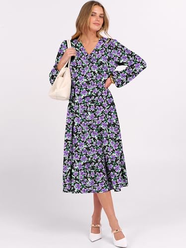 Image of ANRABESS Women's Long Lantern Sleeve Floral Midi Dresses 2026 Fall V Neck Casual Flowy A-line Tiered Boho Vacation Dress