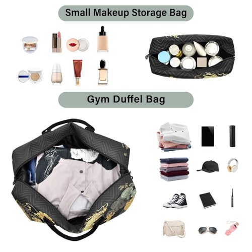 Gold Japanese Dragon Blossom Large Travel Duffle Bag Weekender Overnight Bags Gym Yoga Bag for Women Men with Toiletry Bag4