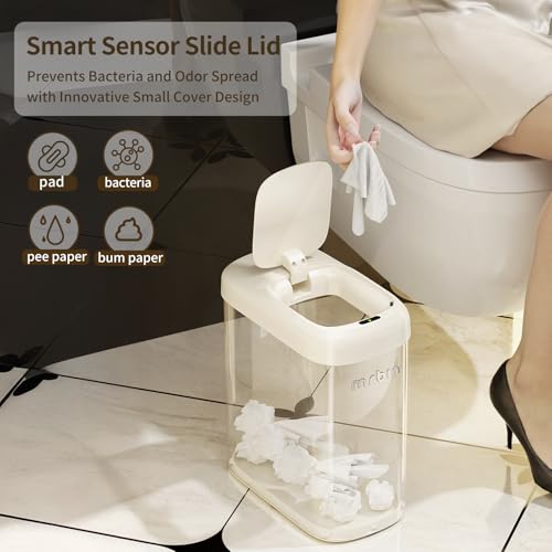 Image of MRBIN Motion Sensor Adsorption Bag Bathroom Trash Can with Lid and Wheels, 10L /2.6gal Automatic Waste Basket Slim Electric Metal Garbage Bin for Office, Bedroom, Rv, Cream White