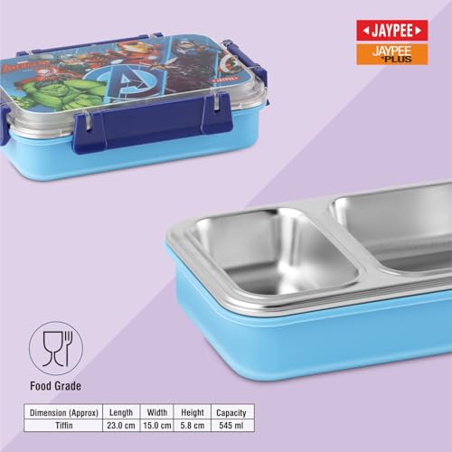 Image of JAYPEE Toon Box 2 Marvel Series Power Heroes Inner Stainless Steel Insulated Lunch Box for School Kids |Airtight Leakproof Tiffin Box with 2 Additional Lock |Food Grade|BPA Free, 545 ml, Sky Blue