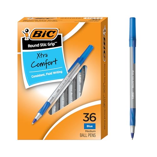 Image of BIC Round Stic Grip Xtra Comfort Ball Pen, Medium Point (1.2 mm), Blue, 36-Count