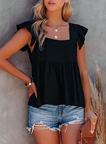 Meladyan Women’s Ruffle Straps Tank Top Peplum Ruched Sleeveless Buttons Square Neck Blouse Vest Tshirt Black #TOP2