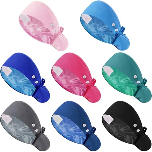 Image of 8 Pcs Satin Lined Scrub Caps, Nurse Hats with Buttons Sweatband, Adjustable Ponytail Surgical Caps for Women