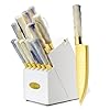 14-Piece Knife Block Set, Non Stick Sharp Stainless Steel Kitchen Knives Set, Knife Set with Self-Sharpener, Steak Knife, Bread Knife, Scissors, Chef Quality, Marbled Handle Gold Blade
