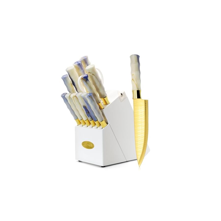 14-Piece Knife Block Set, Non Stick Sharp Stainless Steel Kitchen Knives Set, Knife Set with Self-Sharpener, Steak Knife, Bread Knife, Scissors, Chef Quality, Marbled Handle Gold Blade