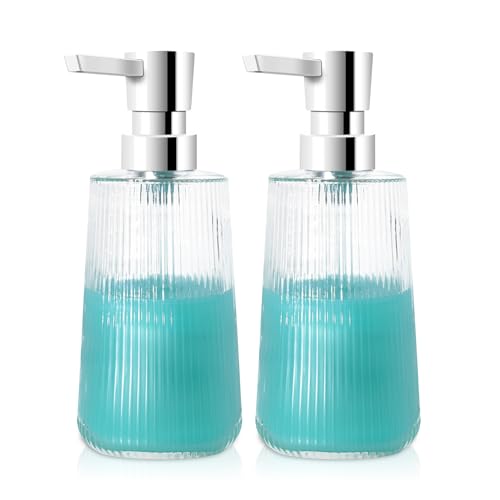 HMJIA Dispenser Sapone Bagno in Vetro di Liquido con Design Righe 250ml Dispenser Sapone Cucina con Pompa per Bagno e Lavelli da Cucina (Trasparente 2 Pezzi)