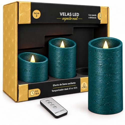 Velas LED Decorativas Efecto Llama, Color Verde Esmeralda, 3 Unidades