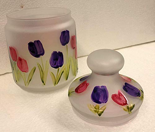 Elegant Hand-Painted Glass Storage Container with Tulip Design and Lid - Image 2