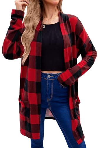 Image of For G and PL Women's Christmas Red Buffalo Plaid Open Front Cardigan with Pockets