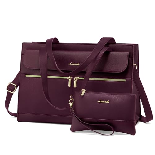 Image of LOVEVOOK Laptop Tote for Women - 15.6 Inch Professional Leather Computer Briefcase, Waterproof Shoulder Bag, Large Capacity Business Teacher Office Bag, Crossbody Purse - Fuchsia