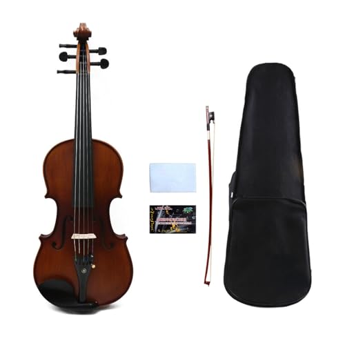 WUQIMUSC Violín acústico de 5 cuerdas, kit 4/4, parte trasera de arce, parte superior de abeto, accesorios de ébano, afinador fino, violín hecho a mano con funda, arco (5 cuerdas, marrón)