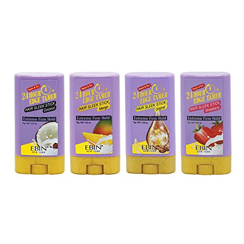 EBIN NEW YORK 24 Hour Edge Tamer Hair Sleek Stick, Extreme Firm Hold, 0.53oz, 4 pack - Sleek & Go, No Flacking and White Residue|Coconut, Strawberry, Mango, Original