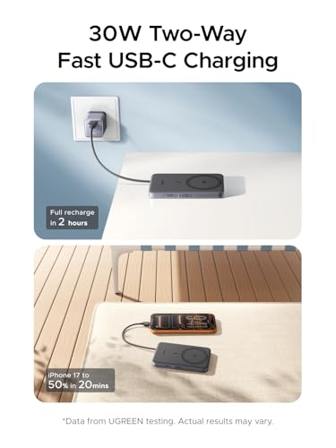 Image of UGREEN Magflow Air Qi2 Magnetic Power Bank 10000mAh, 15W Wireless Portable Charger with Built-in USB-C Cable, 30W Fast Charging Battery Pack, MagSafe Compatible for iPhone 17 /16 /15 /14 Pro Max, Grey