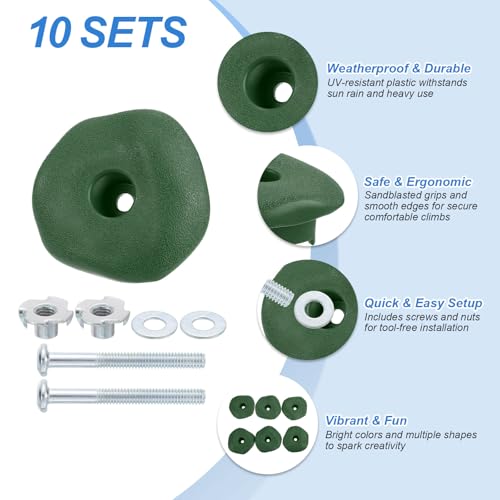 PATIKIL Rock Climbing Holds, 10 Pcs Climbing Rock Wall Grips Play Set Climber Attachments with Single Holes for Playground Accessories Indoor Outdoor Tree Training, Green-C