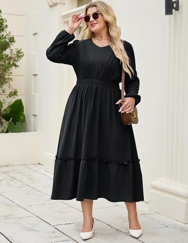 Hanna Nikole Women Plus Size Long Sleeve Casual Dress 2025 Fall V Neck Pleated Flowy Tiered Maxi Dresses with Pockets