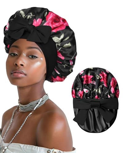 Satin Bonnet for Women Silk Bonnets for Sleeping Curly Hair Bonnet with Elastic Tie Band Reversible Double Layer Sleep Cap Hair Wrap (Black + Red Flower)