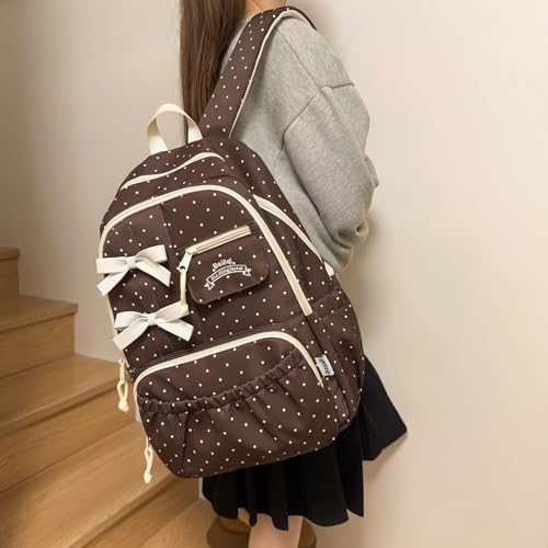 Teclado Kawaii Backpack with Cute Accessories Nylon Casual Bookbags with Pendants Lightweight Laptop Bag Travel Daypacks (Brown)2