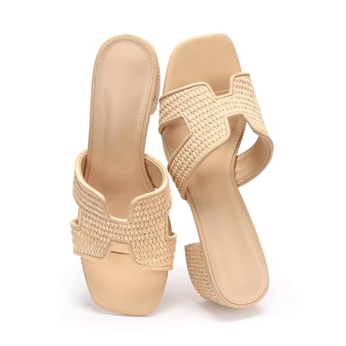 IDAWIVI Raffia Heeled Sandals for Women Low Block Chunky Heels Cutout Strap Square Open Toe Mule Sandals Casual Summer Slip On Slides Natural Size 8