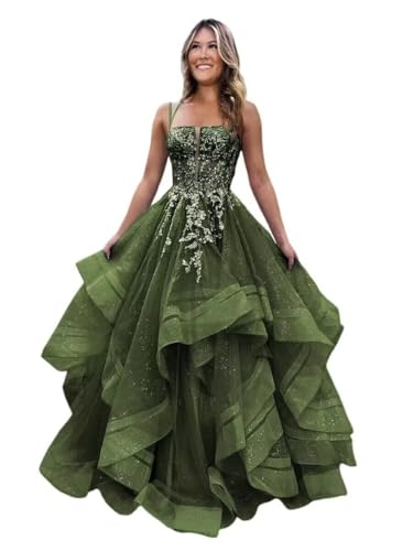 KSIJJWY Sparkly Tulle Prom Dress for Women Teens Lace Applique Long Ball Gown Tiered Ruffles Formal Evening Gowns Olive Green US0