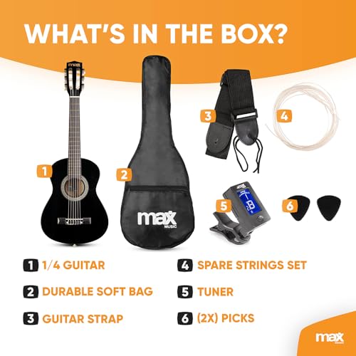 Image of MAX SoloArt Junior 30-inch Small Size Classical Acoustic Guitar Starter Kit for Kids (Aged 3-8 Years) Includes Gig Bag,Tuner, Strap, Extra Nylon Strings & Picks Designed & Engineered in Netherlands
