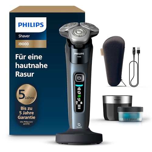 Philips Rasierer i9000 Elektrischer Nass-und Trockenrasierer für Herren mit integriertem Trimmer taubenblau Reinigungsstaion Ladestation und Reiseetui (Modell X9001/30)