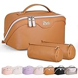BOYATU Travel Makeup Bags for Women: Vegan Leather Cosmetic Bag Set of 3 - Large Capacity Make up Bag with Divider - Wide Open Waterproof Toiletry Organizer Bag with Handle (05-Brown)