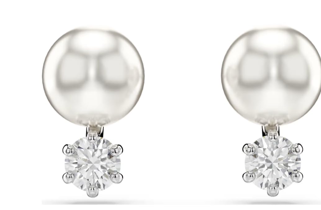Matrix stud earrings Crystal pearl, Round cut, White, Rhodium plated
