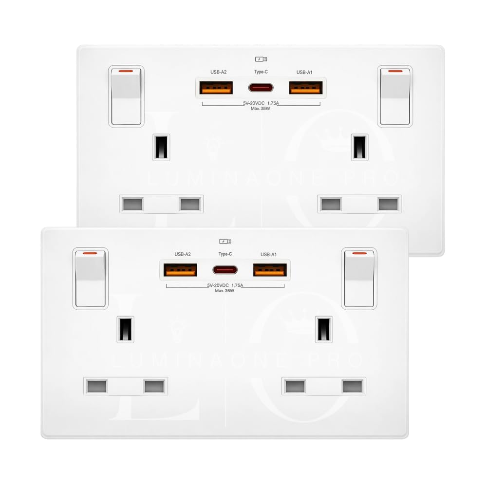 Double Switched Wall Plug Socket with USB-C & USB-A, 13A 2-Gang, PD35W Output, Screwless White (Use a 35mm-Deep Back Box) (2, White)