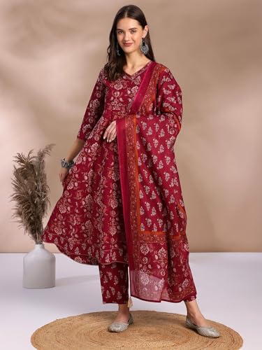Image of Pure Cotton Anarkali Kurta Set for Women with Dupatta | 3 Piece Cotton Anarkali Suit | Floral Aari Work | Flared Ethnic Wear