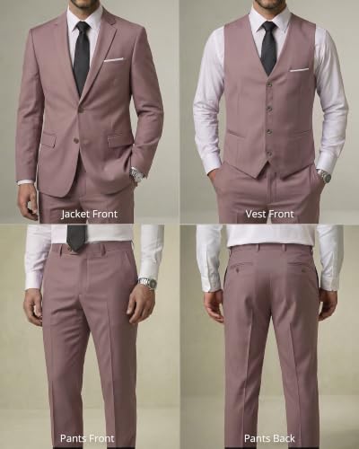 Image of YND Men's 3 Piece Suit with Tie, Solid Color Slim Fit Jacket Vest and Pants