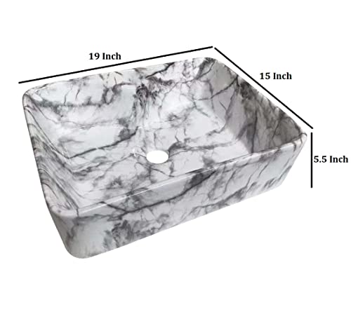 Image of Designer Table Top Vessel Sink Glossy Finish White Grey Wash Basin for Bathroom (19 x 15 x 5.5 Inch)
