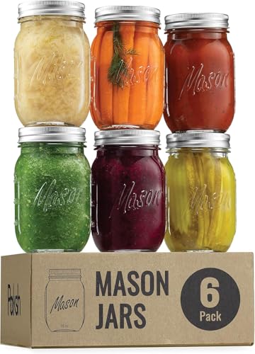 Wide Mouth Mason Jars 16 oz, 6 Pack Glass Jars with Lid & Seal Bands, 16oz Glass Canning Jars for Fermenting, Pickling, Freezing, Preserving, Meal Prep