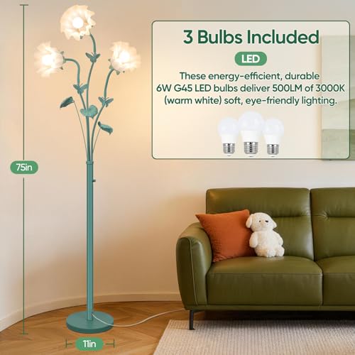 Image of TOBUSA Vintage Flower Floor Lamp for Living Room, 75'' Tall Flower Standing Lamp with Gooseneck, 3-Head Green Floral Lamp with 3 LED Bulbs, Unique Aesthetic Corner Lamp for Bedroom Office Home Decor
