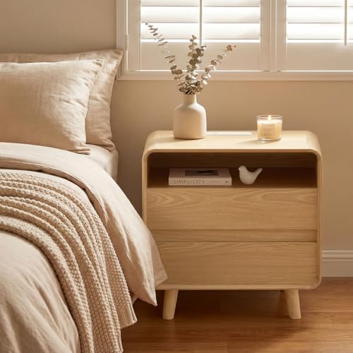 Image of Nasonet Night Stand with Charger Station, Mid Century Modern Nightstand with 2 Drawers, Wood Bedside Table for Bedroom, Curved Beveled Design, Oak