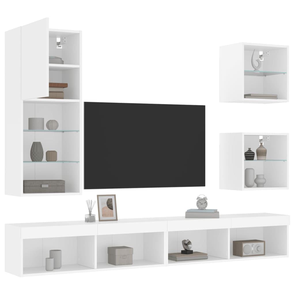 Gecheer Set di 5 armadietti per TV, moderni, mobili per TV, soggiorno, armadio, parete multimediale, TV, pannello basso, armadio, parete per TV, tavolo da soggiorno, in legno bianco, vetro