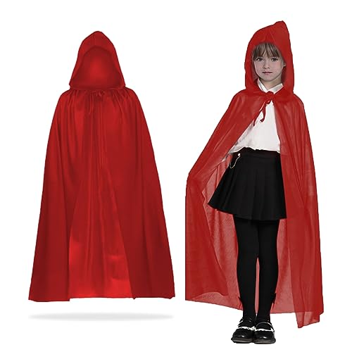 MIVAIUN Cape Rouge à Capuche pour Halloween, Manteau de sorcier, Déguisement de Sorcière pour Adulte/Enfant, Cosplay Costume Longue Cape, Déguisement pour Halloween, Bal Masqué (Rouge,90cm)