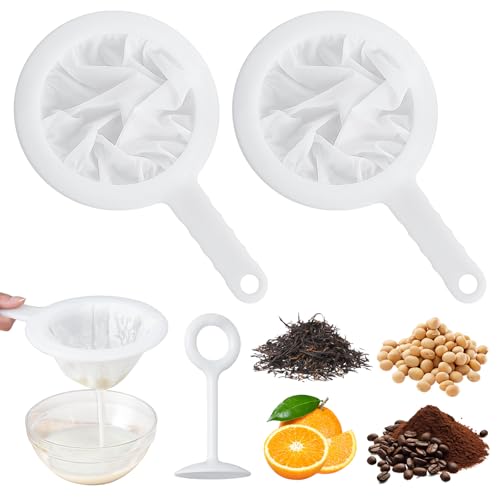 Paquete de 5 coladores de malla de nailon ultrafino con mini barra de escoria de plástico, tamiz de plástico, cuchara de filtro de malla fina para leche de soja, café, leche, yogur, jugo, kéfir, miel,