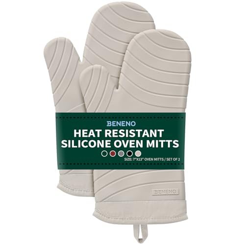 Beneno Heat Resistant Silicone Oven Mitts BPA-Free, Non-Slip Textured Grip & Quilted Cotton Lining, Waterproof Kitchen Mitt 2-Pack Set, 7