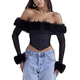Evankin Women's Sexy Tops Plush Boat Neck Off Shoulder Tops Mesh Long Sleeve Irregular Top(black-XS)