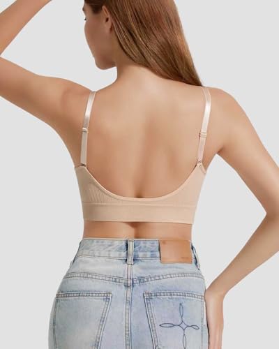 QDN Seamless Bralette for Women Padded Ribbed Sports Bra Adjustable Strap Low Back Bra, Sleep Bras & Lounge Bras for Women3