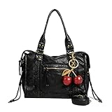 KOBONA Sac a Main Femme Cuir   Grand Sac a Main pour les Cours Lycee   Vintage City Bag avec Pendentif Sacs à bandoulière Fourre Tout Femme pour le travail et les voyages