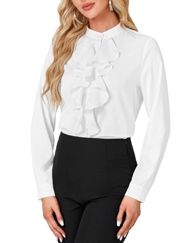 LYANER Women's Mock Neck Button Down Ruffle Front Long Sleeve Work Shirt Blouse Tops3