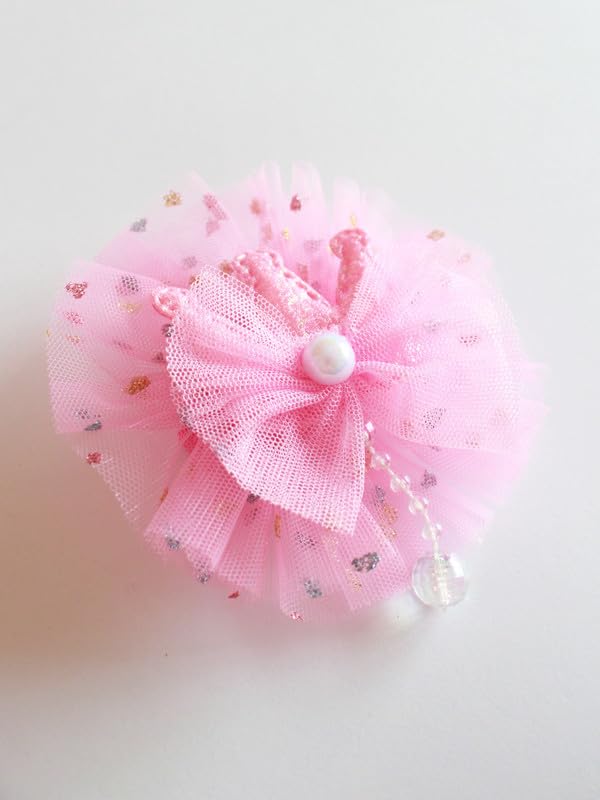 Choko Princess Crown Hair Clip for Girls – Glitter Pink Tulle Alligator Clip with Beads and Bow Detail
