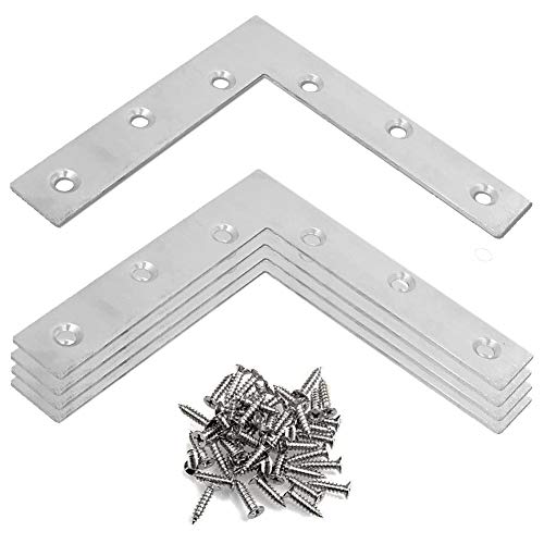 Obelon Heavy Duty L Shaped Plate Bracket 120Mm - Stainless Steel Flat Plate L-Shape Corner Repair Brace Fastener With 24 Screws For Furniture, 4 Pcs #TOP1