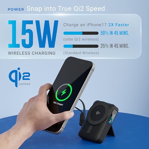 Image of URBN 10000mAh Flux Qi2 MagSafe Power Bank with Ai Powered Smart TFT Display | 15W Magnetic Fast Wireless Charging | 20W USB-C in-Built Cable for Charge & Recharge | Travel Friendly (Black)