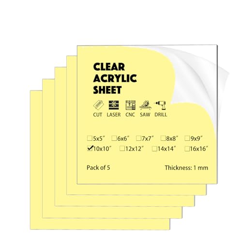 Image of 5 Pack 10 inchx10 inchx0.04 inch(1mm) Thick Acrylic Sheets Transparent Plexiglass Panels with Protective Film for Picture Frame Art Design, DIY Craft, Signage, Display, and Home Projects