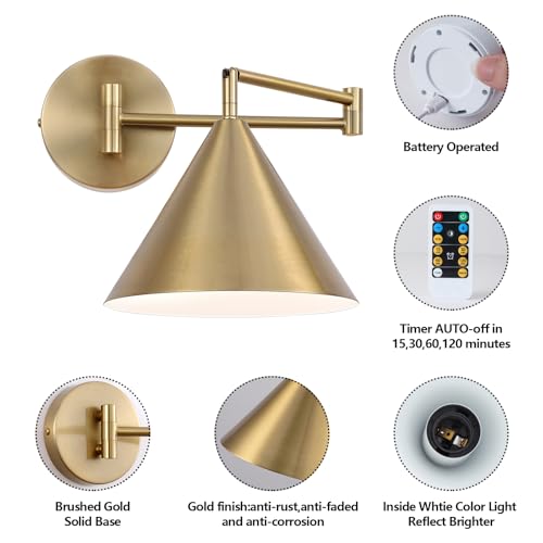 Zcpuls W-XUL134 Rechargeable Swing Arm Wall Sconces Set Of 2,Gold Battery Operated Wireless Dimmable 3 Color Wall Light thumb #4