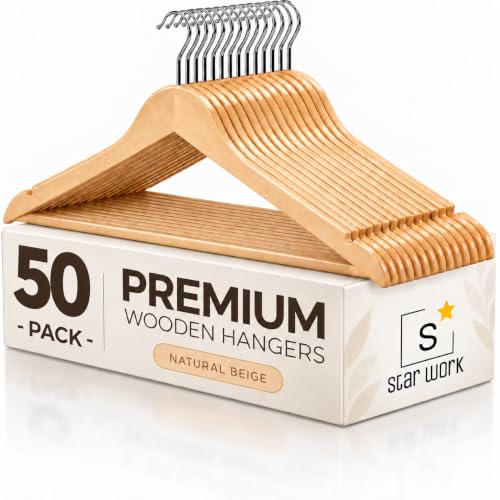 Image of STAR WORK Multi Functional Solid Wooden Suit Hangers, Coat Hangers, Natural Finish with 2 Shoulder Notches 360 Degree Swivel Hook (50)