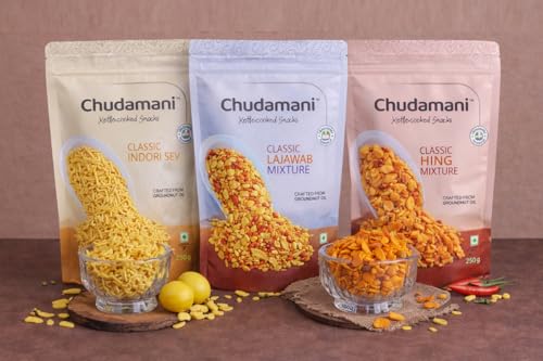 Image of Chudamani Kettlecooked Snacks Combo Pack-3 (250gm) Classic Indori Sev, Lawajab Mixture, Hing Mixture Namkeen, Hing Flavoured, Crunchy and Spicy, Famous Indori Cooked Snacks Namkeen