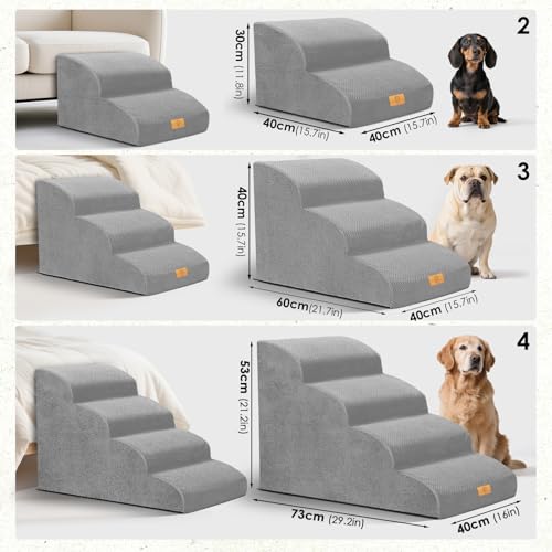 Thihome Hundetreppe für Kleine Hunde 3-Stufig, rutschfeste Haustiertreppe 40cm Hoch, Tragbar Hunderampe für Bett und Sofa, Treppe für Hunde mit Waschbarem Bezug und Rutschfestem Boden, Grau
